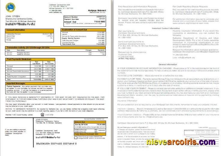 Barbados Caribbean Development bank mortgage statement, 2 pages, 1-2
